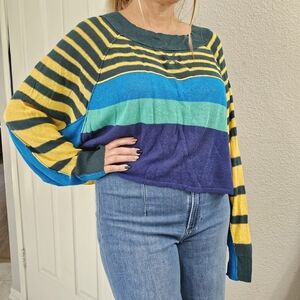 1/2 OFF Free People Block Party Pullover Blue Yellow Striped Knit Sweater Small